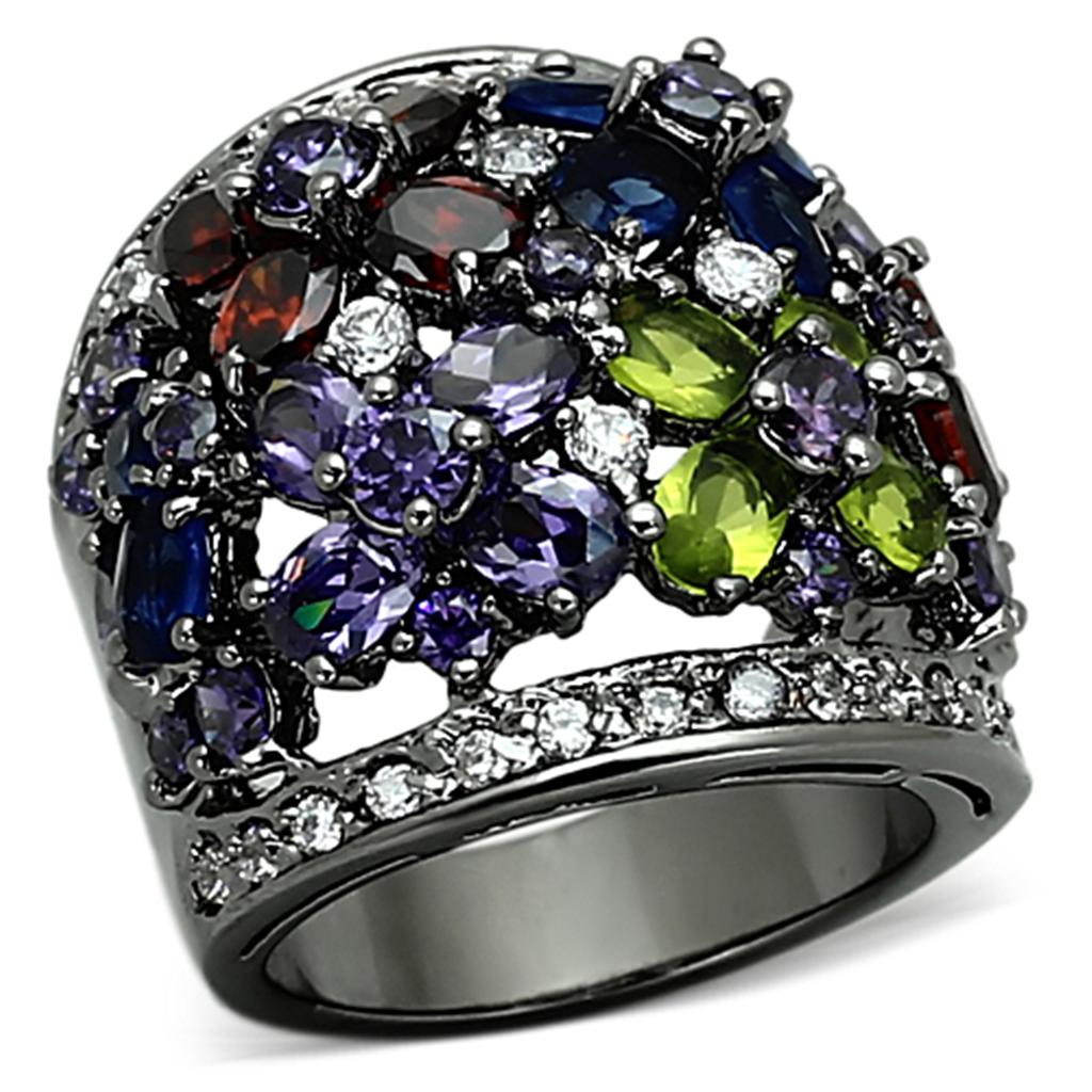 JCEA884 Ruthenium Brass Ring with AAA Grade CZ  in Multi Color