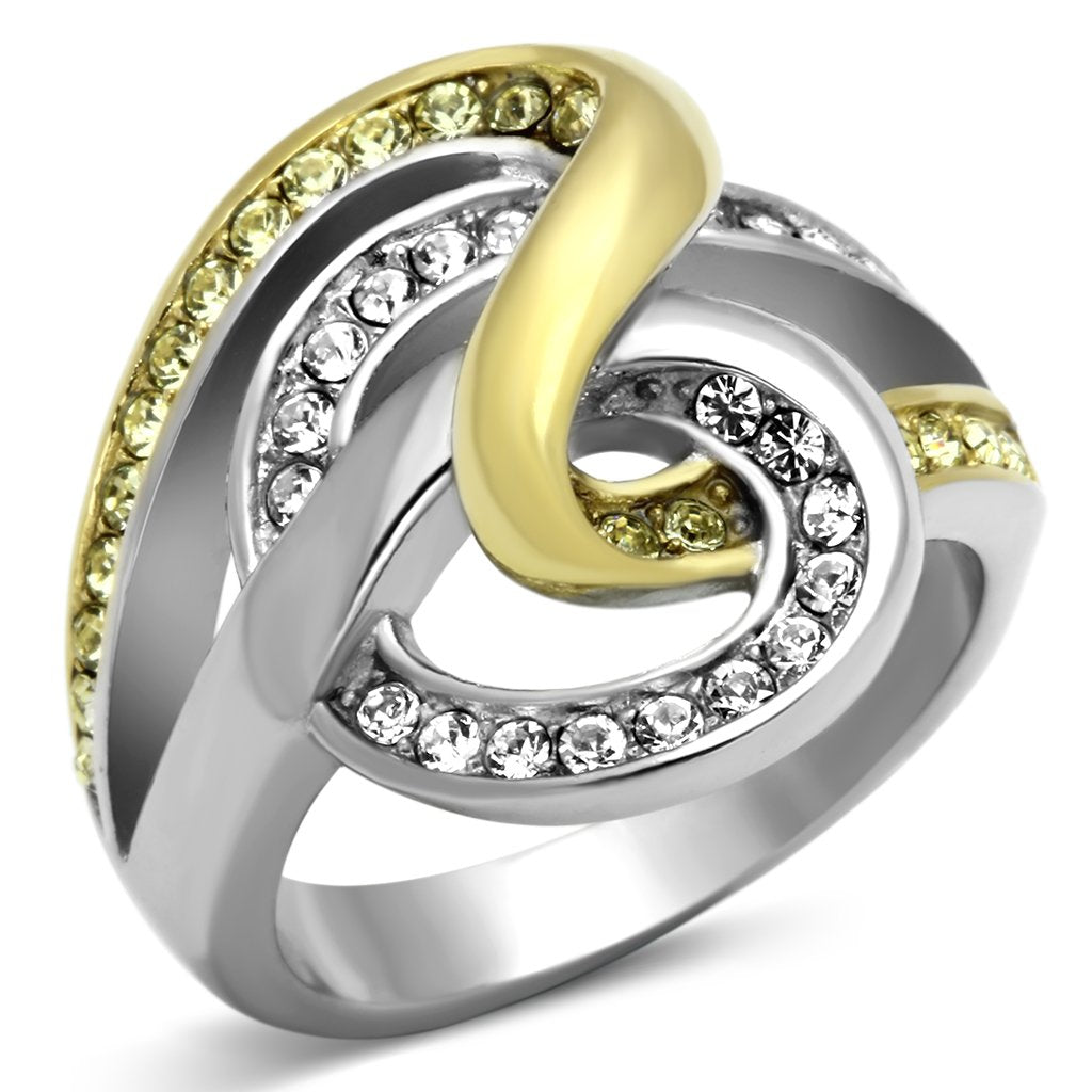 JCE1094 Two-Tone IP Gold (Ion Plating) Stainless Steel Ring with Top Grade Crystal  in Citrine Yellow